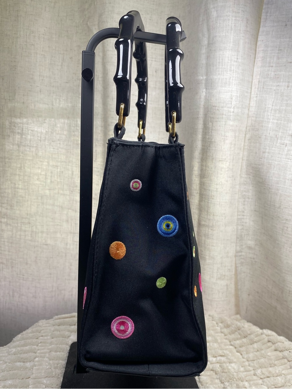 Vintage Y2K Tianni Handbag Black Nylon Bamboo Handle Retro Mod Embroidered - Picture 2 of 13
